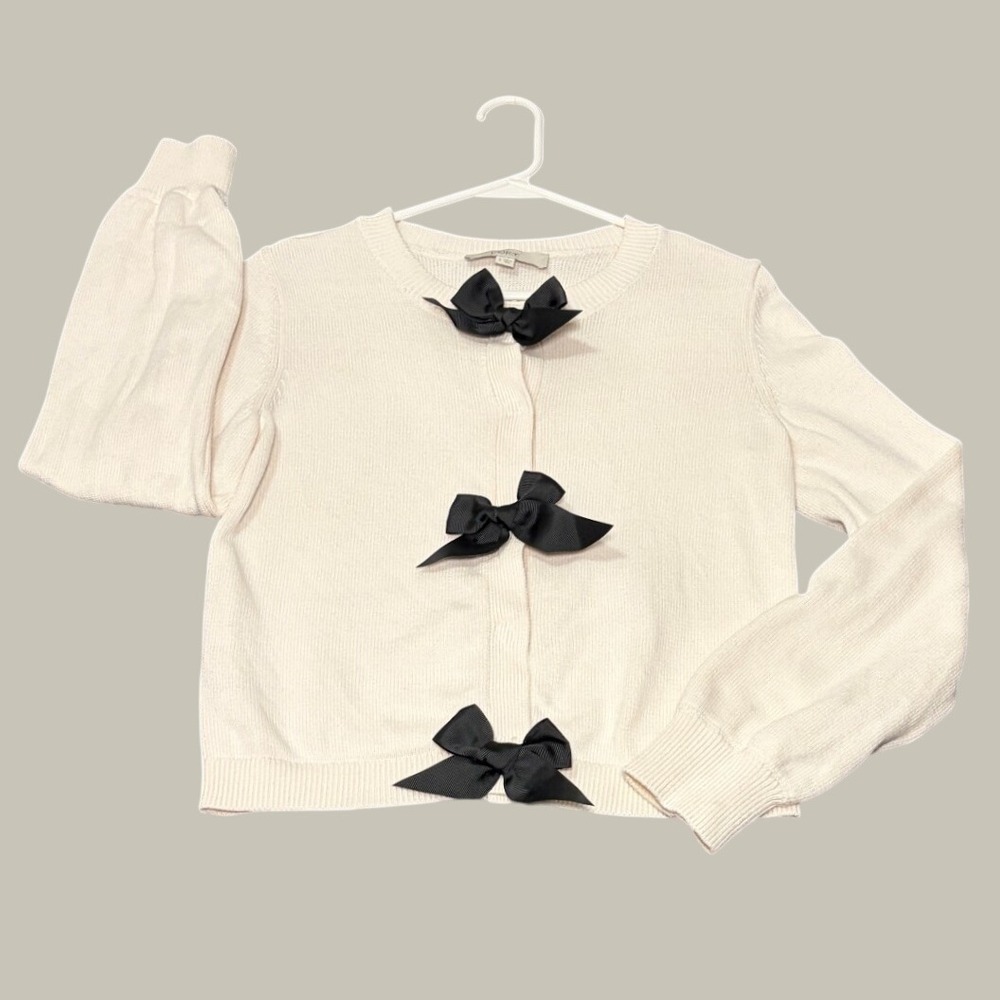 LOFT Cream Cotton Bow Front Cardigan Sweater White Black Bows Small 753997